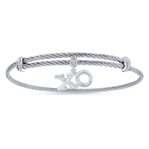 Adjustable Twisted Cable Stainless Steel Bangle with Sterling Silver XO Charm