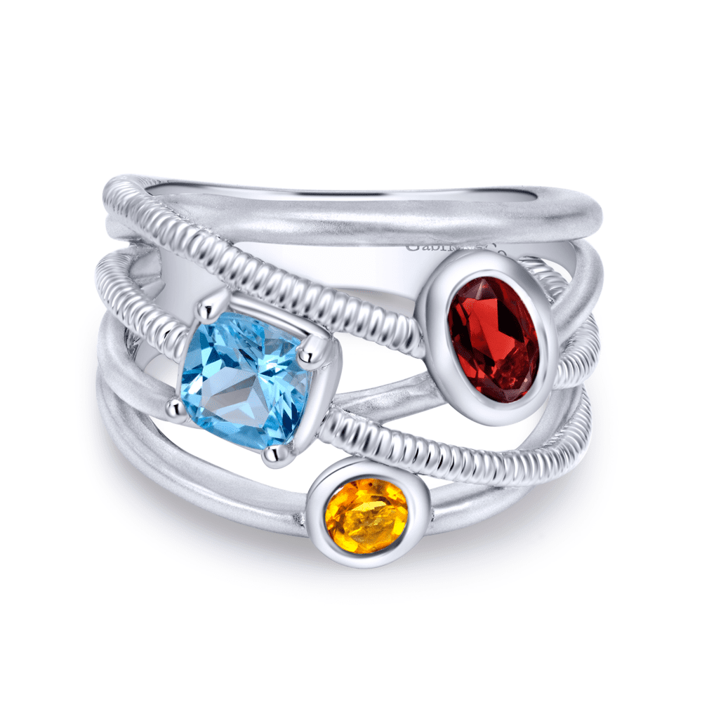 Three Stone Ring Cut Stone Ring 925 Sterling Silver Ring Citrine Blue Topaz And Garnet Ring Anniversary /& Engagement Ring