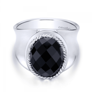 925 Sterling Silver Faceted Oval Black Onyx Wide Band Ring