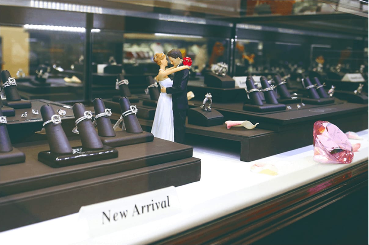 wedding rings on display