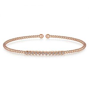 14K Rose Gold Bujukan Bead Cuff Bracelet with Bezel Set Diamond Stations