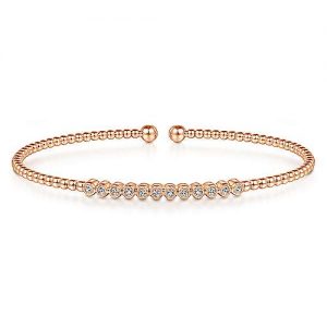 14K Rose Gold Bujukan Bead Cuff Bracelet with Bezel Set Diamond Stations