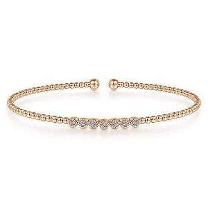 14K Rose Gold Bujukan Bead Cuff Bracelet with Cluster Diamond Stations