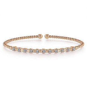 14K Rose Gold Bujukan Bead Cuff Bracelet with Diamond Stations