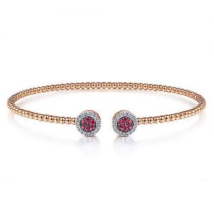 14K Rose Gold Bujukan Bead Cuff Bracelet with Ruby and Diamond Halo Caps