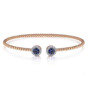 14K Rose Gold Bujukan Bead Cuff Bracelet with Sapphire and Diamond Halo Caps