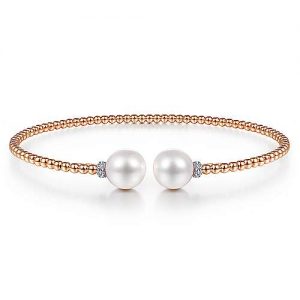 14K Rose Gold Bujukan Bead Split Bracelet with Pearl and Diamond Caps