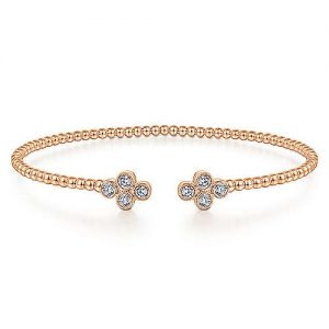 14K Rose Gold Bujukan Bead Split Cuff Bracelet with Quatrefoil Diamond Endcaps