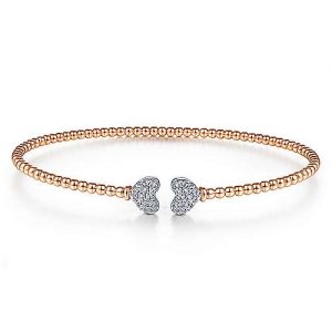 14K Rose Gold Bujukan Split Cuff Bracelet with White Gold Pavé Diamond Hearts