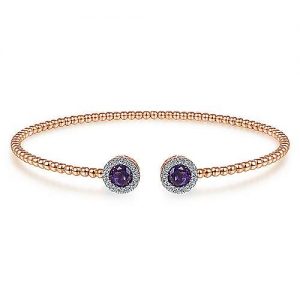 14K Rose Gold Round Amethyst and Diamond Halo Bujukan Bangle