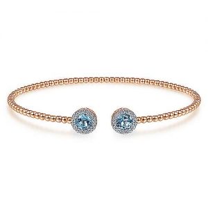 14K Rose Gold Round Blue Topaz and Diamond Halo Bujukan Bangle