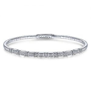 14K White Gold Alternating Baguette and Round Diamond Bangle