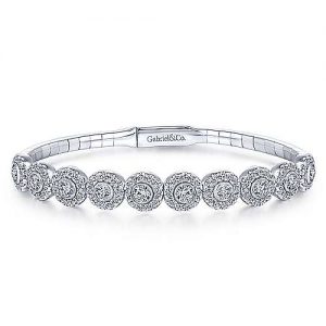 14K White Gold Bangle with Round Diamond Halo Stations