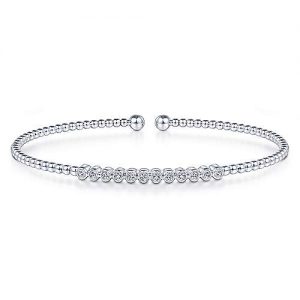14K White Gold Bujukan Bead Cuff Bracelet with Bezel Set Diamond Stations