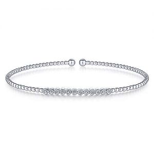 14K White Gold Bujukan Bead Cuff Bracelet with Bezel Set Diamond Stations