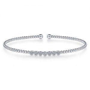 14K White Gold Bujukan Bead Cuff Bracelet with Cluster Diamond Stations