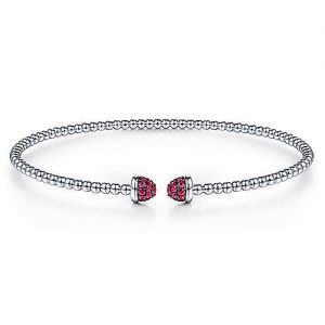 14K White Gold Bujukan Bead Cuff Bracelet with Ruby Pavé Caps