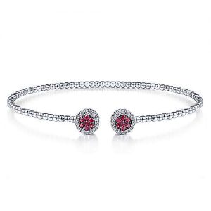 14K White Gold Bujukan Bead Cuff Bracelet with Ruby and Diamond Halo Caps