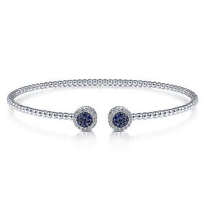 14K White Gold Bujukan Bead Cuff Bracelet with Sapphire and Diamond Halo Caps