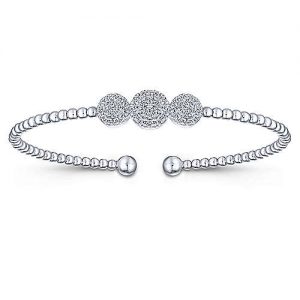 14K White Gold Bujukan Bead Cuff Bracelet with Three Pavé Diamond Stations