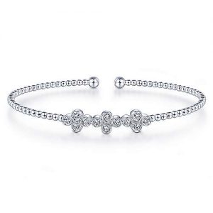 14K White Gold Bujukan Bead Cuff Bracelet with Three Quatrefoil Diamond Stations