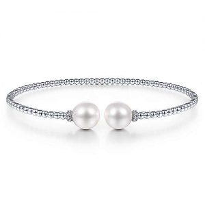 14K White Gold Bujukan Bead Split Bracelet with Pearl and Diamond Caps