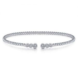 14K White Gold Bujukan Bead Split Cuff Bracelet with Bezel Set Diamonds
