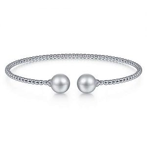 14K White Gold Bujukan Bead Split Cuff Bracelet with Grey Pearls