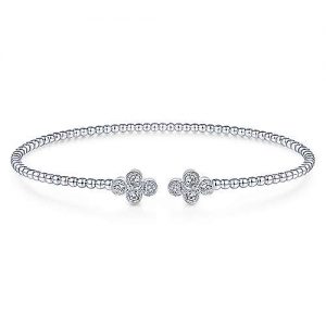 14K White Gold Bujukan Bead Split Cuff Bracelet with Quatrefoil Diamond Endcaps