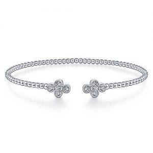 14K White Gold Bujukan Bead Split Cuff Bracelet with Quatrefoil Diamond Endcaps