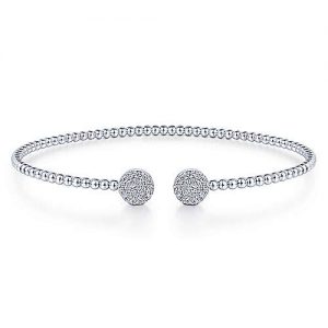 14K White Gold Bujukan Bead Split Cuff Bracelet with Round Pavé Diamond Discs