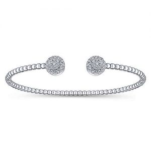 14K White Gold Bujukan Bead Split Cuff Bracelet with Round Pavé Diamond Discs