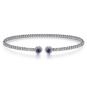 14K White Gold Bujukan Bead Split Cuff Bracelet with Sapphire and Diamond