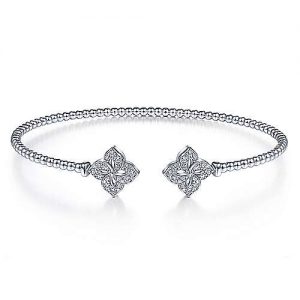 14K White Gold Bujukan Split Cuff Bracelet with Diamond Flower Caps