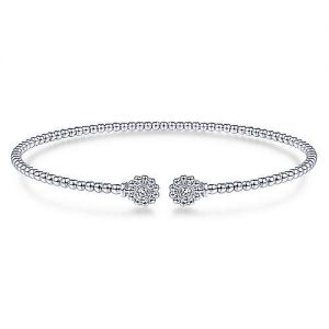 14K White Gold Bujukan Split Cuff Bracelet with Diamond Flower Caps
