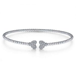 14K White Gold Bujukan Split Cuff Bracelet with Pavé Diamond Hearts