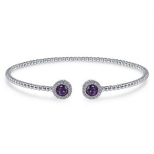 14K White Gold Round Amethyst and Diamond Halo Bujukan Bangle