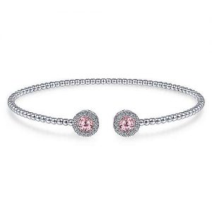 14K White Gold Round Pink Zircon and Diamond Halo Bujukan Bangle