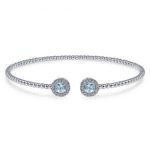 14K White Gold Round Sky Blue Topaz and Diamond Halo Bujukan Bangle