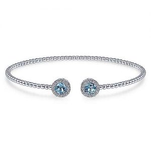 14K White Gold Round Swiss Blue Topaz and Diamond Halo Bujukan Bangle