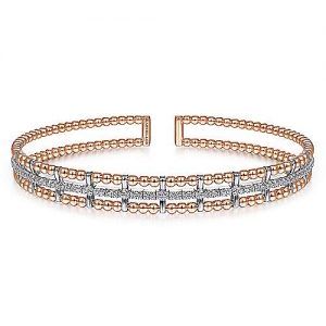 14K White-Rose Gold Bujukan Bead Cuff Bangle with Inner Diamond Channel