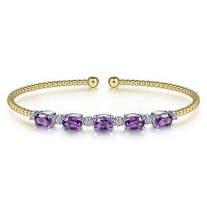 14K White-Yellow Gold Bujukan Bead Cuff Bracelet with Amethyst and Diamond Stations