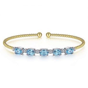 14K White-Yellow Gold Bujukan Bead Cuff Bracelet with Blue Topaz and Diamond Stations