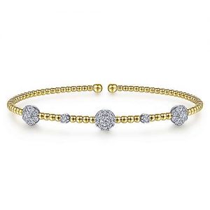 14K White-Yellow Gold Bujukan Bead Cuff Bracelet with Diamond Cluster Stations
