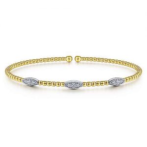 14K White-Yellow Gold Bujukan Bead Cuff Bracelet with Diamond Filled Marquise Stations