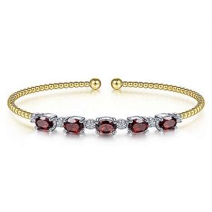 14K White-Yellow Gold Bujukan Bead Cuff Bracelet with Garnet and Diamond Stations
