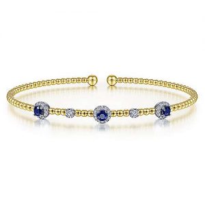 14K White-Yellow Gold Bujukan Bead Cuff Bracelet with Sapphire and Diamond Halo Stations