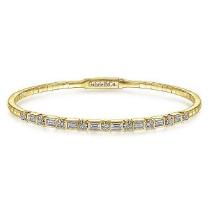 14K Yellow Gold Alternating Baguette and Round Diamond Bangle