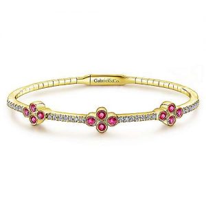 14K Yellow Gold Bangle with Diamond and Ruby Quatrefoil Stations