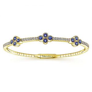 14K Yellow Gold Bangle with Diamond and Sapphire Quatrefoil Stations